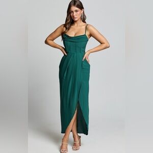 ANDRINA MIDI HIGH LOW WRAP CORSET FOREST GREEN DRESS